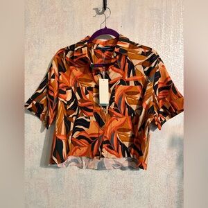 Shore Bright Leaf-Print Short Sleeve Crop Top Raw Hem Orange Multicolor, So Fun